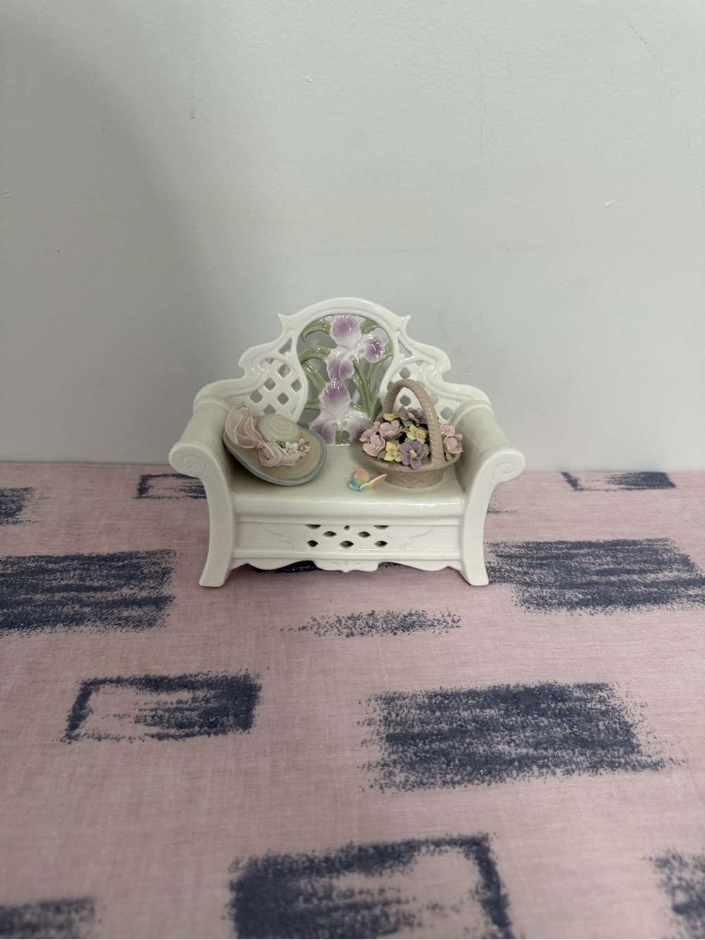 Vintage Style Porcelain Garden Bench Figurine with Flowers, Hat & Basket
